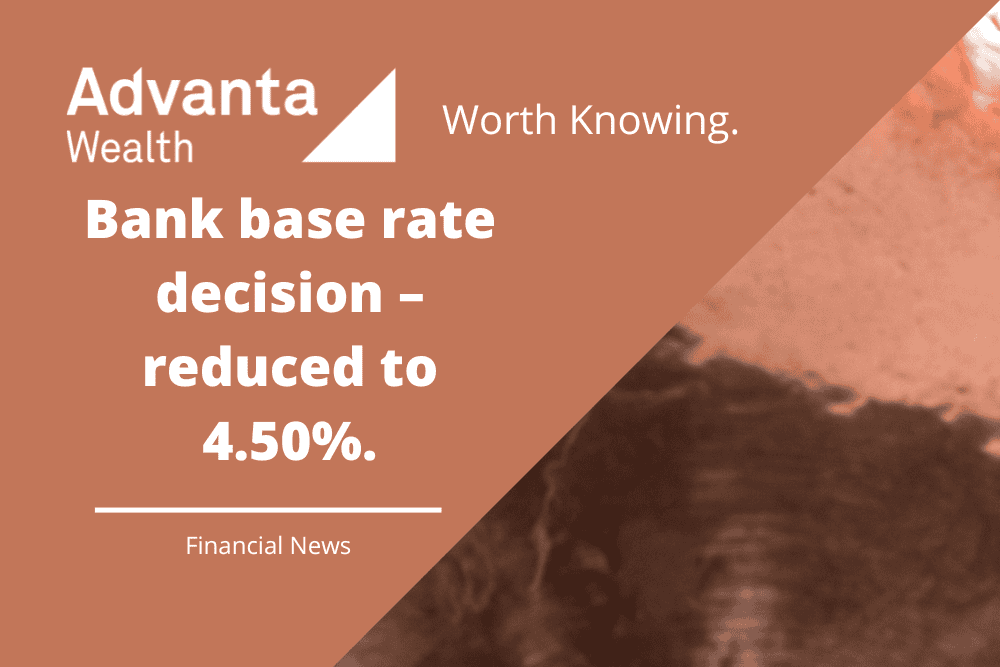 Bank base rate decision – reduced to 4.50%